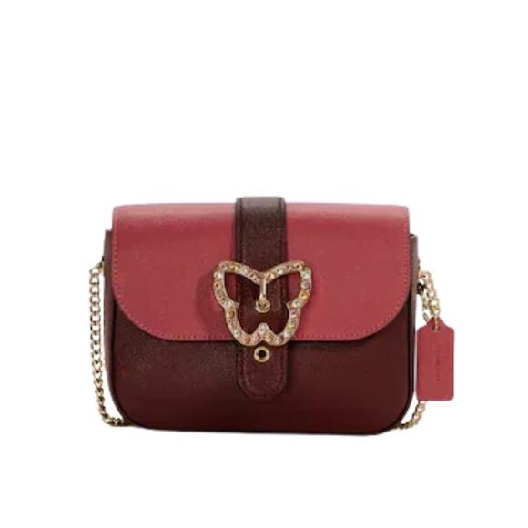 COACH GEMMA CROSSBODY PURSE WITH GEM BUTTERFLY BUCKLE IN GOLD & CRANBERRY - Picture 1 of 5